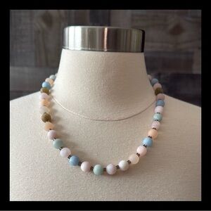 Handcrafted natural gemstone necklace 20” aquamarine pink morganite ice obsidian